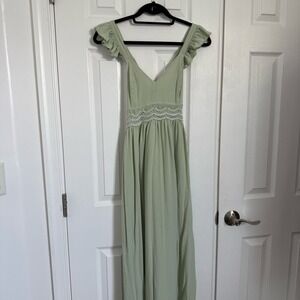 Japna Sage‎ Green Sleeveless Ruffle Smocked Crocheted Rayon Maxi Dress Small EUC